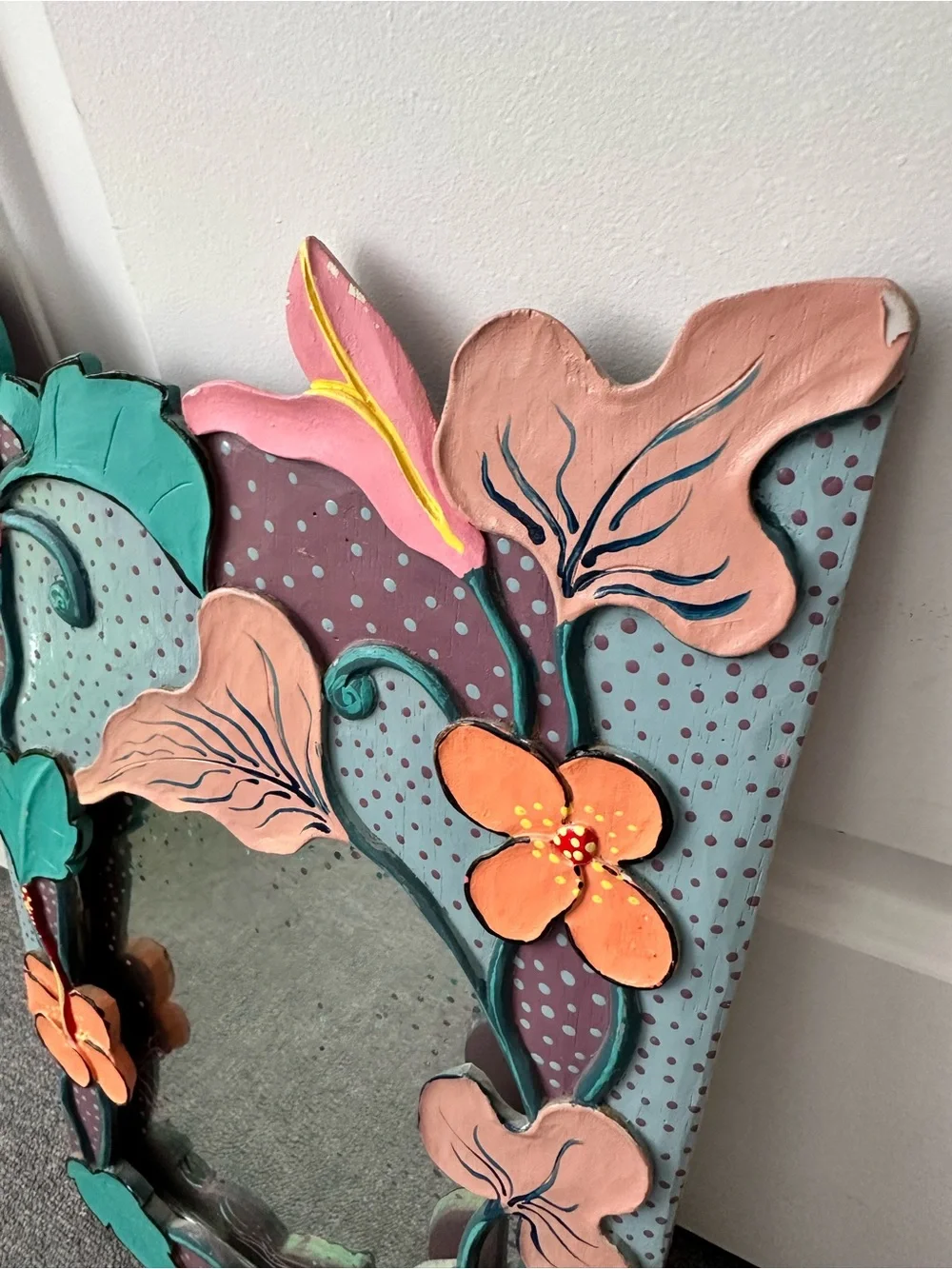 Vintage 1980s Handcrafted Framed Mirror with 3D Painted Tropical Flowers & Bird